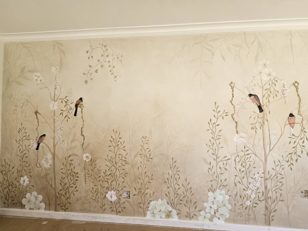 beautiful chinnoiserie wall mural by Designer Brushworx Muralist Fotini with her Angel Wings for Salt Day Spa, Cape Town